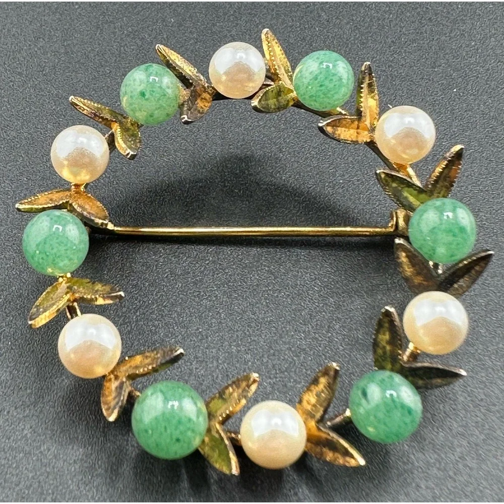 VTG 1940s 1950s Sterling Silver Jade Pearl Wreath Brooch Pendant